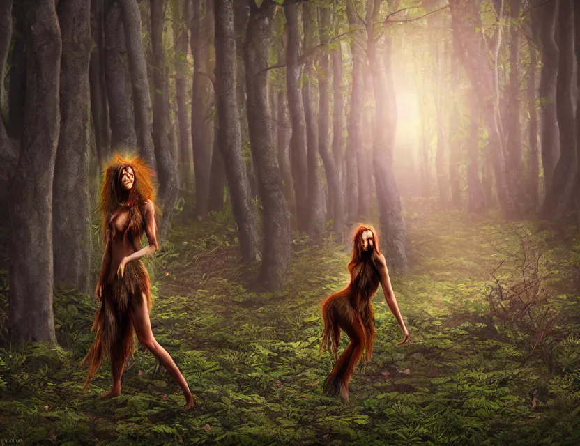 Image similar to faerie werewolf wandering in the woods. safe for work, complementary colors, professional photography, matte painting, luminescent, 3 d render, 4 k, rimlight.