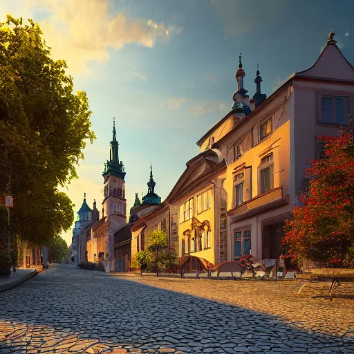 Image similar to a beautiful hyper realistic photo of banska stiavnica in summer, cobblestone pavement, with old houses and few trees in sunset, sky, v - ray, octane render, unreal engine, by greg rutkowski and james gurney, artstation