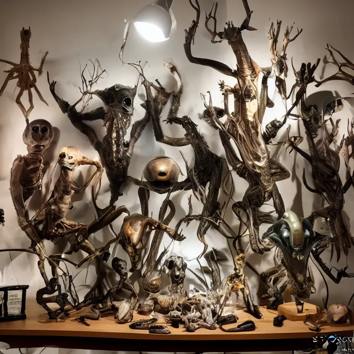 Image similar to an alien taxidermy display, studio lighting