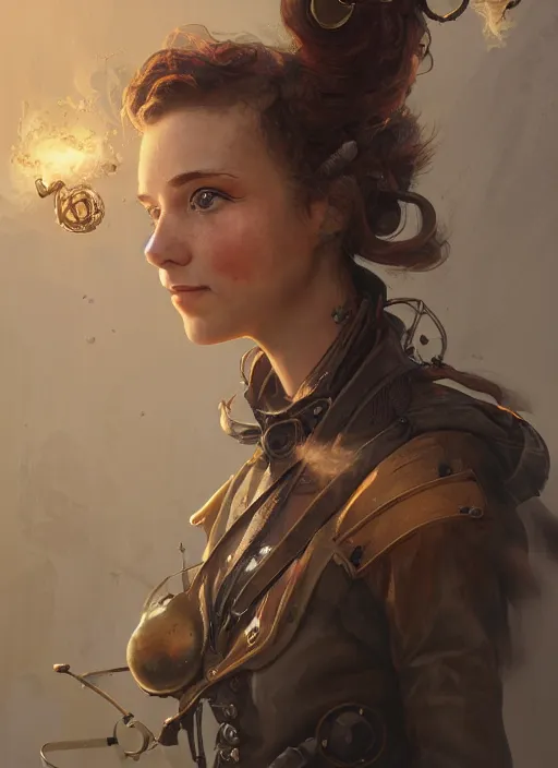 Prompt: Portrait of young steampunk female inventor, D&D fantasy, her hair is tied in a ponytail, smoke is in the air, she has a joyful expression and is covered in dirt. Intricate, highly detailed, digital painting, artstation, concept art, sharp focus, illustration, art by greg rutkowski and Ross Tran