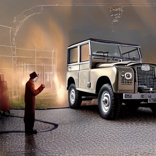 Image similar to Intricate detailed illustration, Queen Elizabeth II laying a golden egg, Land Rover Series II in the background, cinematic lighting, by Philip Hood, wide angle, volumetric light scattering, 8k, artstation, concept art,