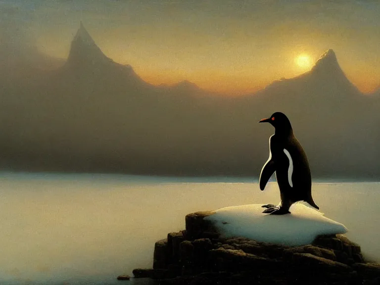 Image similar to an oil painting of a penguin next to a frozen ocean and a misty glacier at dawn. by beksinski tuomas korpi moebius and carl spitzweg. baroque elements. intricate artwork by caravaggio. oil painting. oil on canvas. award winning. dramatic. trending on artstation. 8 k