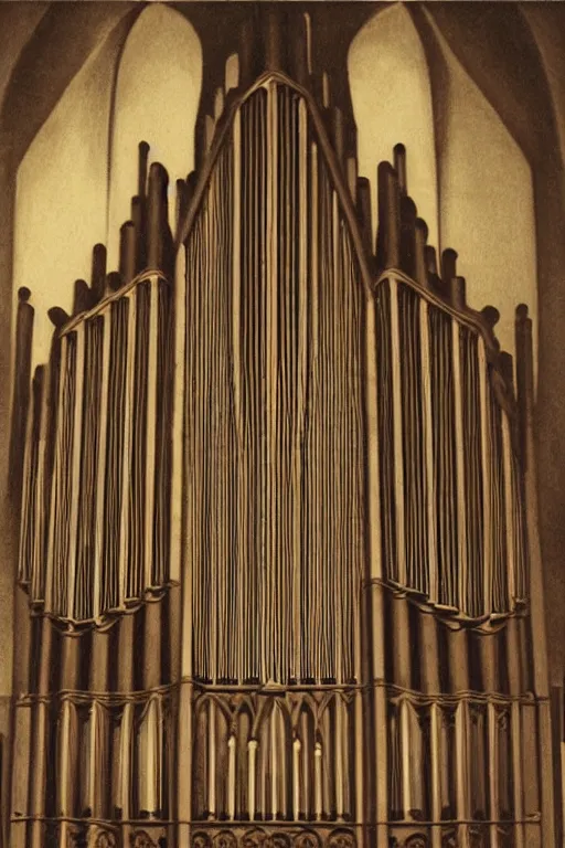 Image similar to pipe organ gothic by grant wood, carpenter gothic