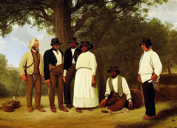 Image similar to white and black people are friends in the old south, art by george caleb bingham and thomas anshutz