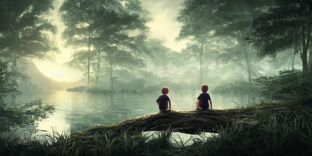 Image similar to a big silver dragon and a boy sitting next to lake in forest, many fireflys, at night, concept art, dof, cryengine, digital art, detailed background, makoto shinkai