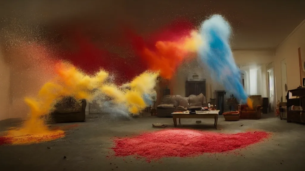 Image similar to colored powder explosion in the living room, film still from the movie directed by Denis Villeneuve with art direction by Salvador Dalí, wide lens