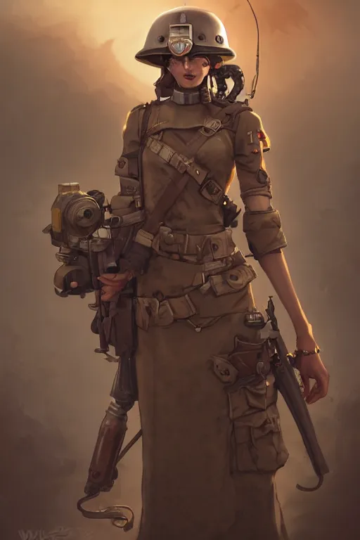 Image similar to dieselpunk soldier girl, helmet, shoulders, chest, portrait, desert, armored, highly detailed, sharp focus, art, illustrations by wlop and ayanamikodon and irakli nadar and loish and rossdraws, frostbite engine