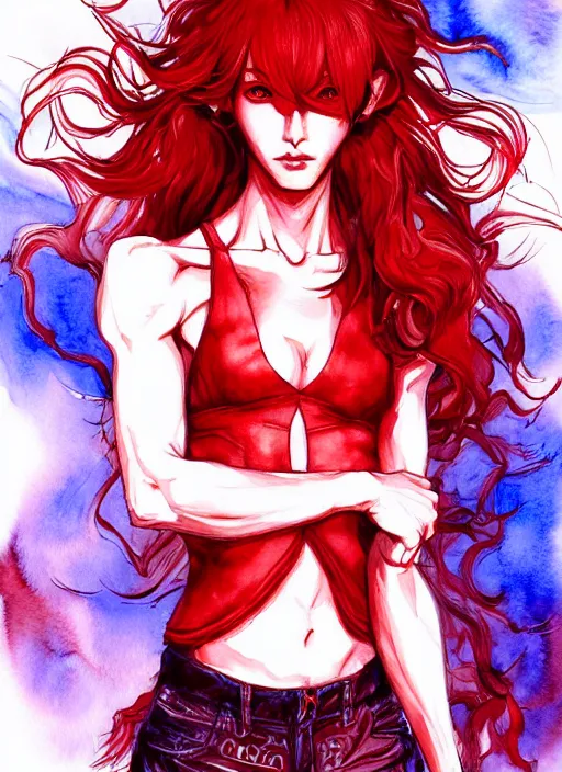 Image similar to fullbody!! ayami kojima lineart, watercolour, gorgeous girl symmetrical face, short red hair, crop top, shorts, dynamic action pose, hyper detailed, character concept, intricate, elegant, digital painting, artstation, smooth, sharp focus