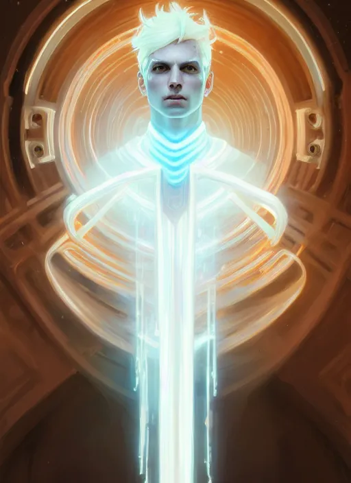 Prompt: symmetry!! portrait of man wearing white clothes with long flaming blue hair, sci - fi, glowing lights!! intricate, elegant, highly detailed, digital painting, artstation, concept art, smooth, sharp focus, illustration, art by artgerm and greg rutkowski and alphonse mucha, 8 k