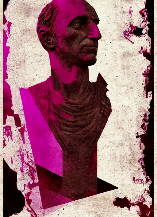 Image similar to elegant dark design poster showing a statue of julius caesar, black background with very subtle red and purple design elements, powerful, vito acconci, thin straight purple lines, dark, glitch art, neo vaporwave, gritty, layout frame, square, trending on artstation