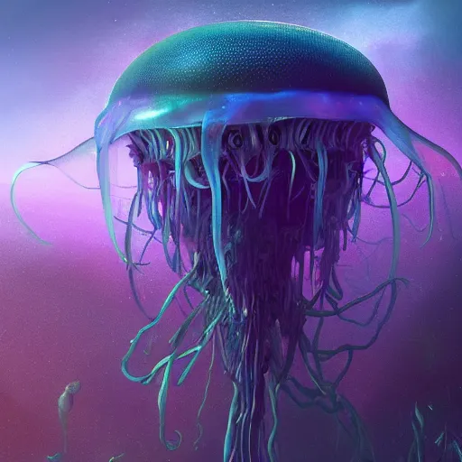 Image similar to photorealistic alien jellyfish world in the style of greg rutkowski and michael whelan. hyperdetailed photorealism, 1 0 8 megapixels, amazing depth, glowing rich colors, powerful imagery, psychedelic overtones, 3 d finalrender, 3 d shading, cinematic lighting, artstation concept art