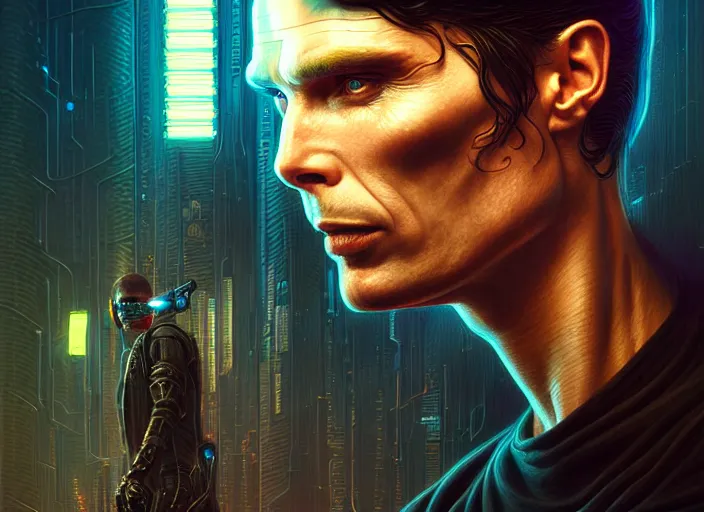 Image similar to portrait shot of cillian murphy in cyberpunk 2 0 7 7, intricate, elegant, highly detailed, centered, digital painting, artstation, concept art, smooth, sharp focus, illustration, artgerm, tomasz alen kopera, peter mohrbacher, donato giancola, joseph christian leyendecker, wlop, boris vallejo