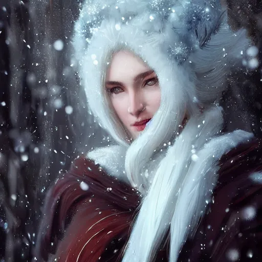 Image similar to a beautiful portrait of an winter goddess with ice hair by Greg Rutkowski and Raymond Swanland, snowflakes falling, Trending on Artstation, ultra realistic digital art