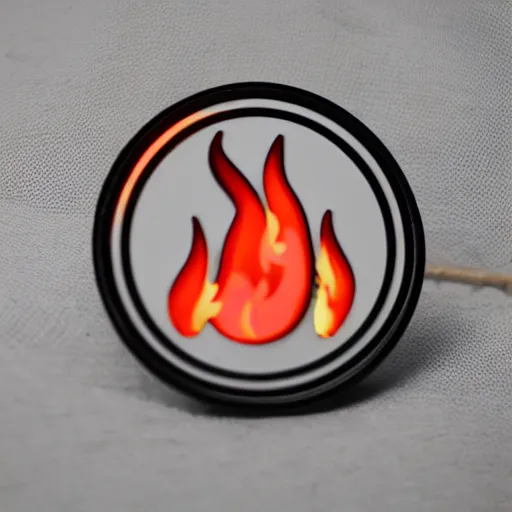 Image similar to an award - winning photograph of minimalistic clean fire flames warning label enamel pin, beautiful cinematic light, behance