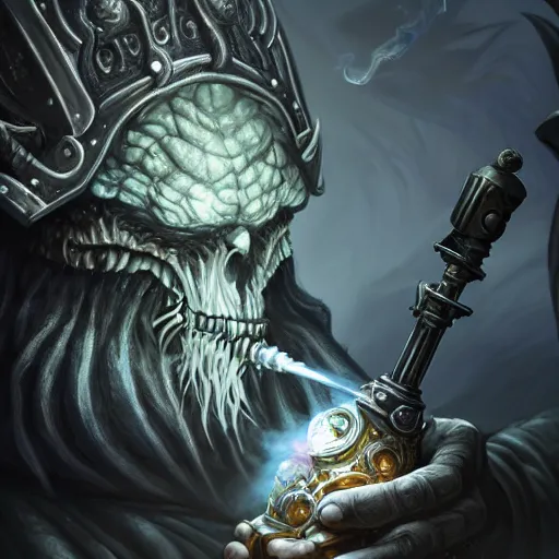 Prompt: The Lich King smoking weed from a bong, by artgerm and wlop and scott fischer and seb mckinnon, digital art, highly detailed, wide shot, intricate, fantasy, mystical, sharp focus, Trending on Artstation HQ, deviantart, unreal engine 5, 4K UHD image