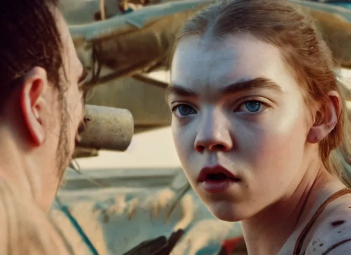 Image similar to anya taylor - joy in mad max fury road, cinestill, anamorphic