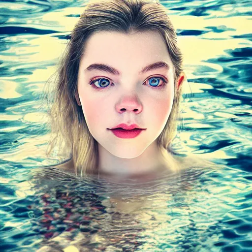 Image similar to portrait of a beautiful girl + anya taylor - joy floating under the deep dream water, beautiful smooth soft light + white petal, by personal photography, art by brookskim, closeup, 4 k, highly detailed, instagram,