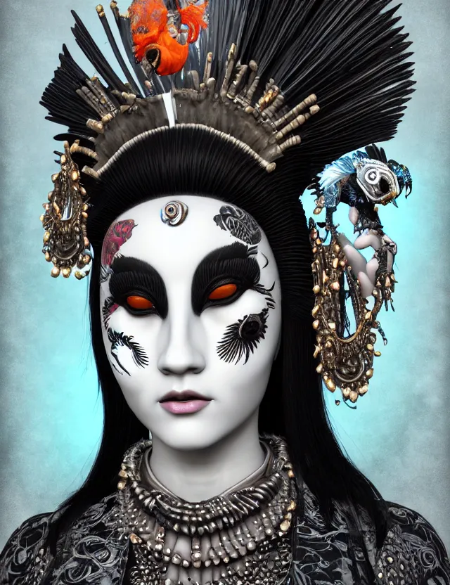 Image similar to 3 d goddess close - up profile portrait punk with mohawk in victorian style with ram skull. beautiful intricately detailed japanese crow kitsune mask and clasical japanese kimono. betta fish, jellyfish phoenix, bio luminescent, plasma, ice, water, wind, creature, artwork by tooth wu and wlop and beeple and greg rutkowski