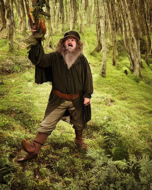 Prompt: annie leibovitz style photoshoot of peter jackson dressed as tom bombadil, lotr, tolkien, weta workshop style, hyperreal