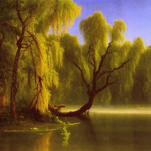 Prompt: oil painting of a willow tree next to a river by albert bierstadt, beautiful lighting - h 7 0 4