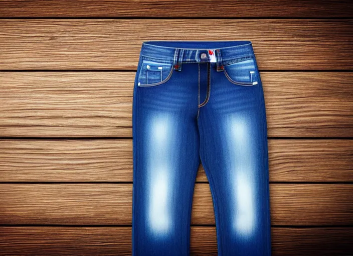 Prompt: clear highly detailed photorealistic topdown mockup product photograph of a realistic folded!! pair of realistic blue jeans on a wooden background