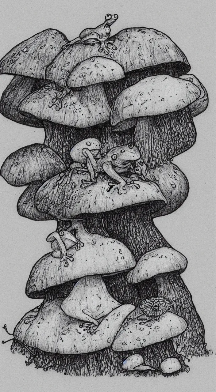 Prompt: cottagecore frog on a mushroom black and white drawing