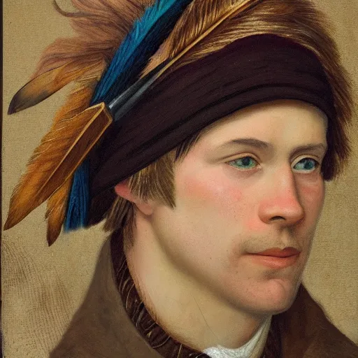 Image similar to a portrait of a Scottish laird, wearing a bonnet with a golden eagle feather.