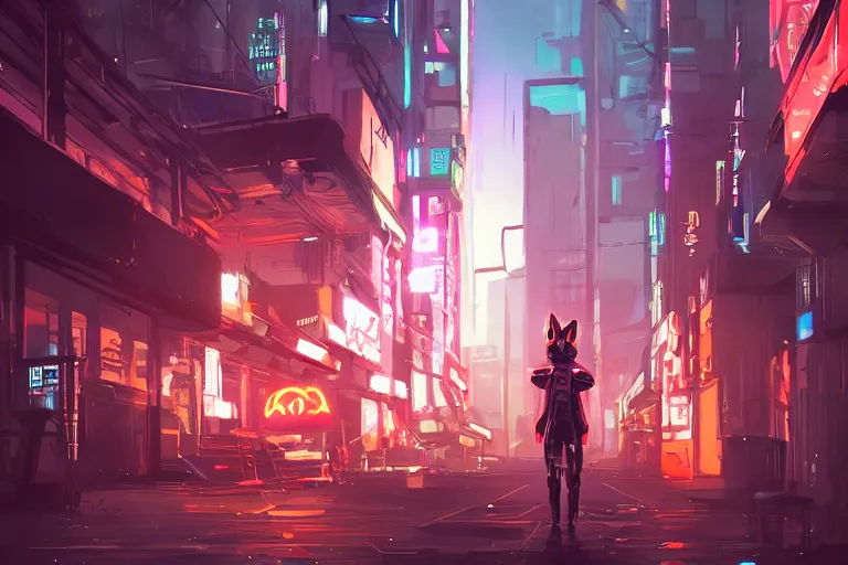 Prompt: an anthropomorphic fox in a cyberpunk city, trending on pixiv, by kawacy, neon backlighting, furry art