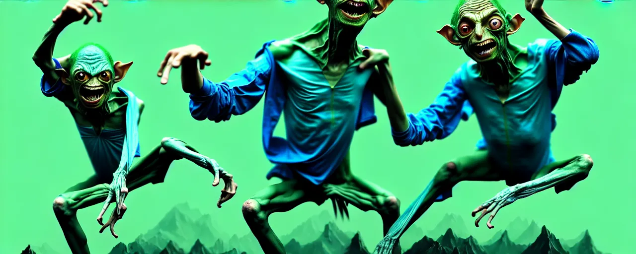 Image similar to duotone green blue illustration 3 / 4 portrait of gollum dancing like crazy. dynamic chaotic composition accidental renaissance golden ratio. by sachin teng and sergey kolesov and ruan jia and heng z. graffiti art, scifi, fantasy, hyper detailed. octane render. concept art. trending on artstation