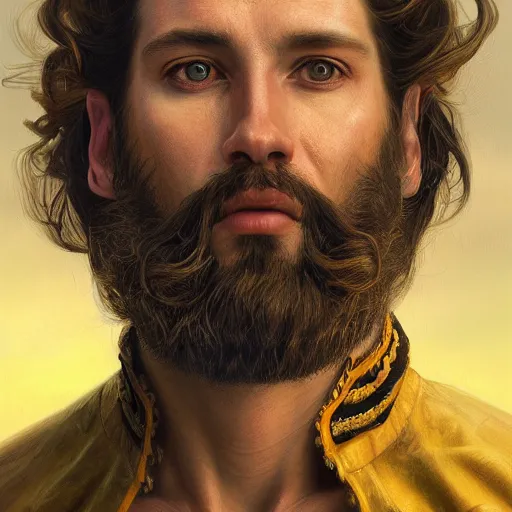 Image similar to portrait of an king, brown long hair, beard, eye scar, golden crown, digital painting, artstation, concept art, donato giancola, Joseph Christian Leyendecker, WLOP, Boris Vallejo, Breathtaking, 8k resolution, extremely detailed, beautiful, establishing shot, artistic, hyperrealistic, beautiful face, octane render, cinematic lighting, dramatic lighting, masterpiece