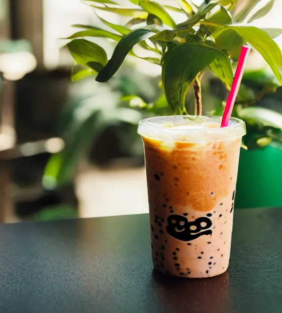 Prompt: a 4 k photorealistic photo close up of a glass of boba tea on a table next to a potted plant