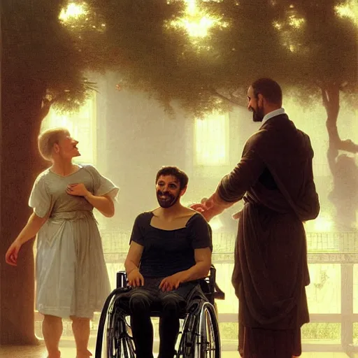 Image similar to a male patient in a wheelchair in the hospital with his wife and son standing by. happy, cheerful, smiling, intricate, face enhance, sharp focus, cinematic lighting, featured in artistation, 8 k, art by greg rutkowski, william adolphe bouguereau