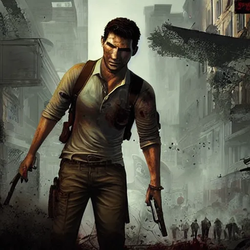 Image similar to nathan drake in a street full of zombies, artstation hall of fame gallery, editors choice, #1 digital painting of all time, most beautiful image ever created, emotionally evocative, greatest art ever made, lifetime achievement magnum opus masterpiece, the most amazing breathtaking image with the deepest message ever painted, a thing of beauty beyond imagination or words