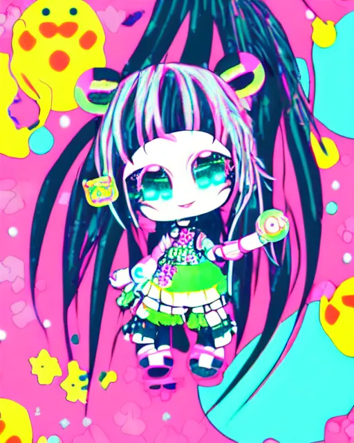 Image similar to cybergoth decora glitchcore yokai girl, sanrio tamagotchi moe ornaments, pastel cute cinematography