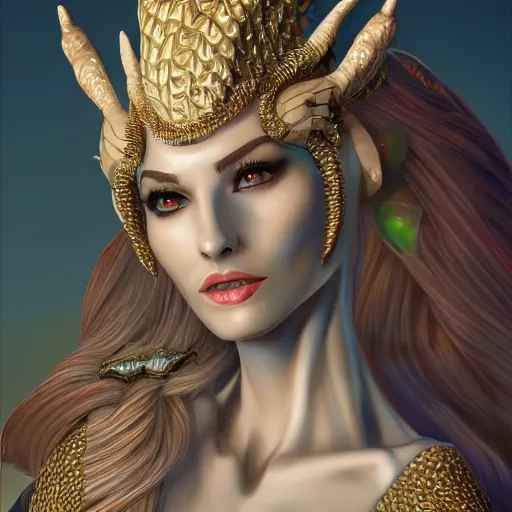 Prompt: Beautiful reptilian naga princess with a diadem in an ivory tower, very detailed, trending on artstation, 4k