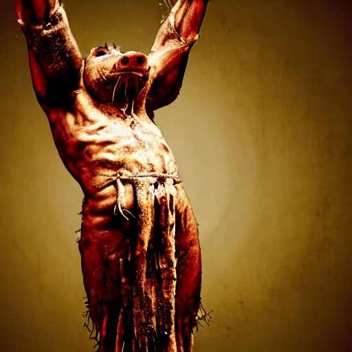 Image similar to a highly detailed realistic photographic render crucified bloody humanoid pig, bloody christ with the head of a pig, dead souls, religious sculpture, creepy, cinematic lighting, cinematic scene, Volumetric lighting, Atmospheric scene, Dark, Horror, Atmospheric lighting, Global illumination, realistic, photo realism, hyper realistic, hyper realism, photo realisitc, cinematic render, film, beautifully lit, ray traced, octane 3D render, octane render, unreal engine