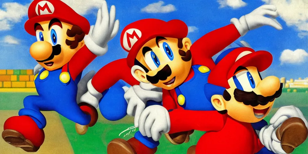 Prompt: retro oil portrait of Mario and Sonic at the 1936 German Olympic Games, highly detailed, 35mm, realistic, kodak color, iconic