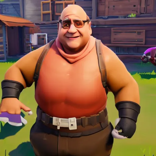 Prompt: an in-game screenshot of Danny Devito as a skin in Fortnite