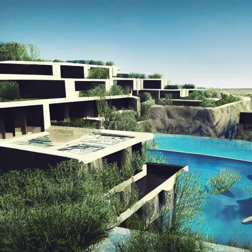 Image similar to architectural rendering of habitat 6 7 in the desert, biophilia mood, pool, garden, highly detailed, cinematic,