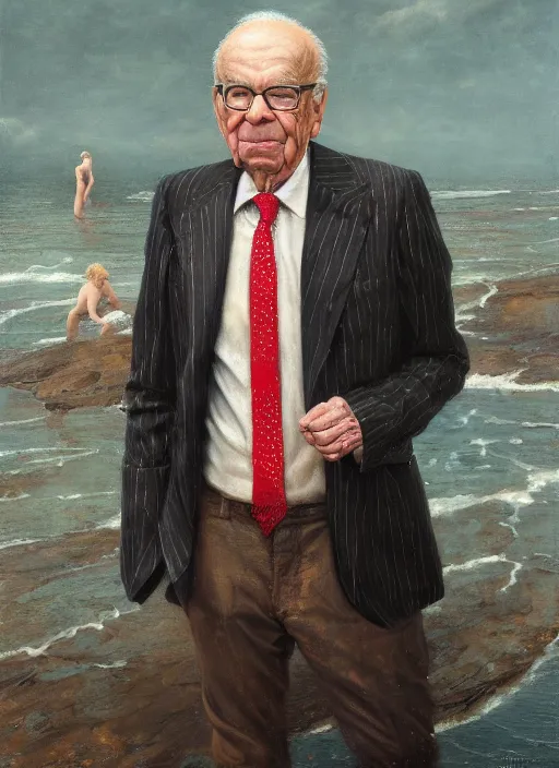 Image similar to highly detailed oil painting of rupert murdoch wearing a bikini | very intricate | cinematic lighting | award - winning | watermelon kimono fashion by alexander mcqueen | by roberto ferri, by tom bagshaw, by j. c. leyendecker and klimt, american romanticism, by austin osman spare, artstation, cgsociety, official art, octane
