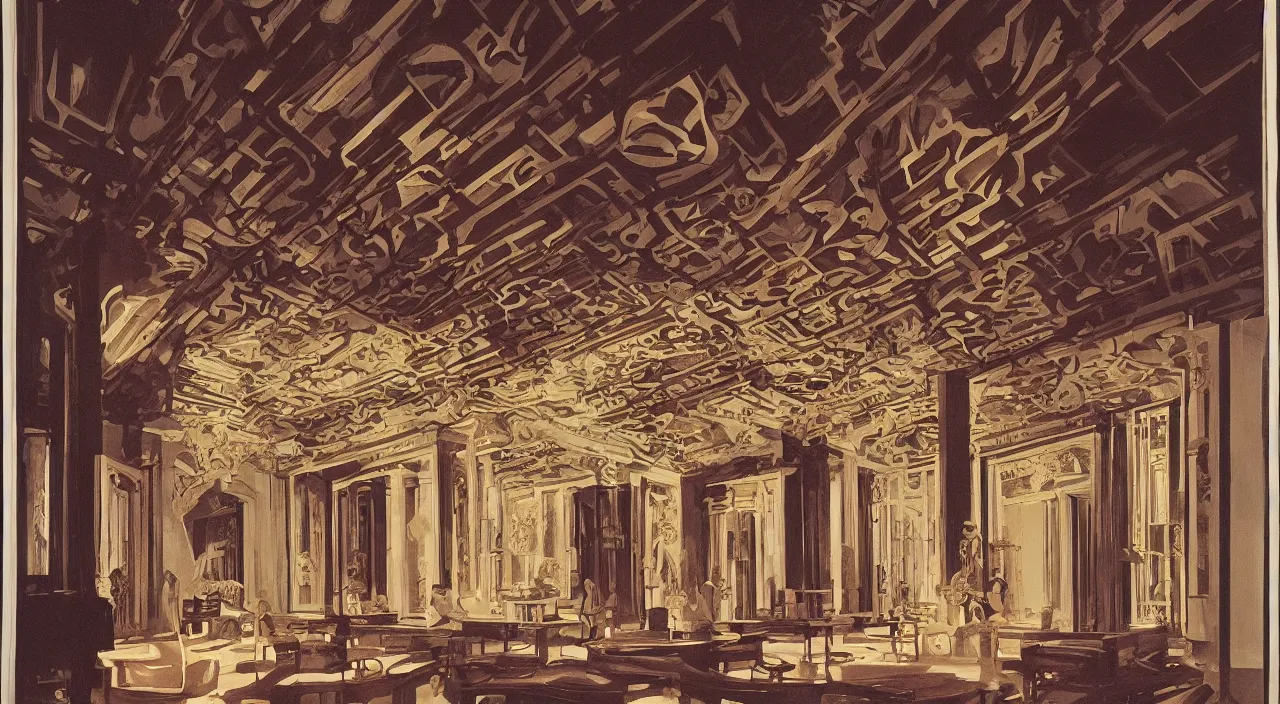 Image similar to inside a baroque frame. chiaroscuro gouache by james gurney. enlightenment salon architecture designed by frank lloyd wright. composed by directory kubrick ( 1 9 6 2 )