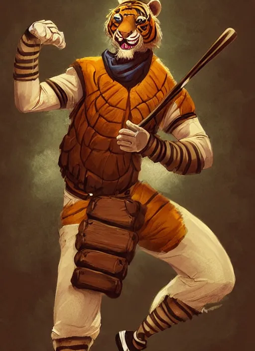 Prompt: fursona commission of a anthro tiger wearing a old-timey baseball uniform. pretty, beautiful, DnD character art portrait, matte fantasy painting. Desert mining town. DeviantArt Artstation, by Jason Felix by Steve Argyle by Tyler Jacobson by Peter Mohrbacher, cinematic lighting