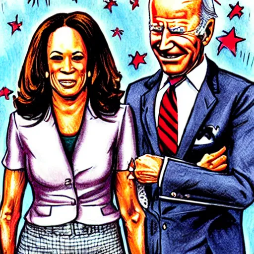 Image similar to The Artwork of R. Crumb and his Cheap Suit - Joe Biden and Kamala Harris, pencil and colored marker artwork, trailer-trash lifestyle