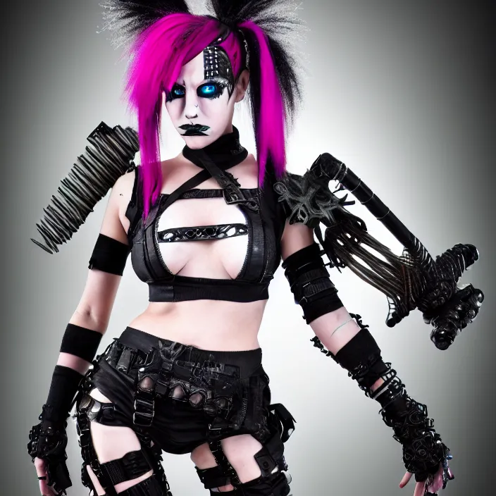 Prompt: professional full length photograph of a cybergoth warrior. Extremely detailed. 8k