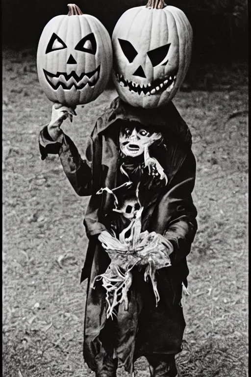 Prompt: a horrific, halloween ghoul, holding a jack - o - lantern, retro, 1 9 8 0 s, by march schoenbach, enzio sciotti