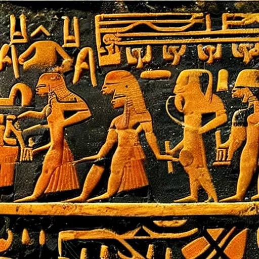 Prompt: an ancient hieroglyphic depiction of a go kart race