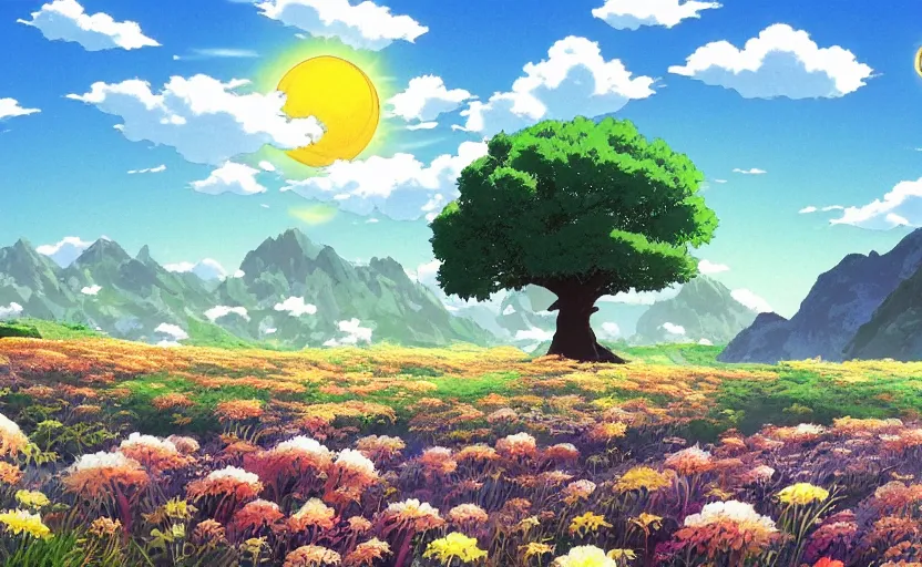 Image similar to fantastic anime sunny meadow with flowers, lone old Oak in the middle plane and mountains on the background, by Hayao Miyazaki, Nausicaa, studio Ghibli style, Anime wallpaper, stunning