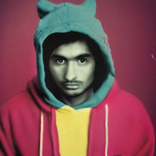 Prompt: close-up shot of a quetzal wearing hoodie in 80s, funny, Polaroid photo, by Warhol