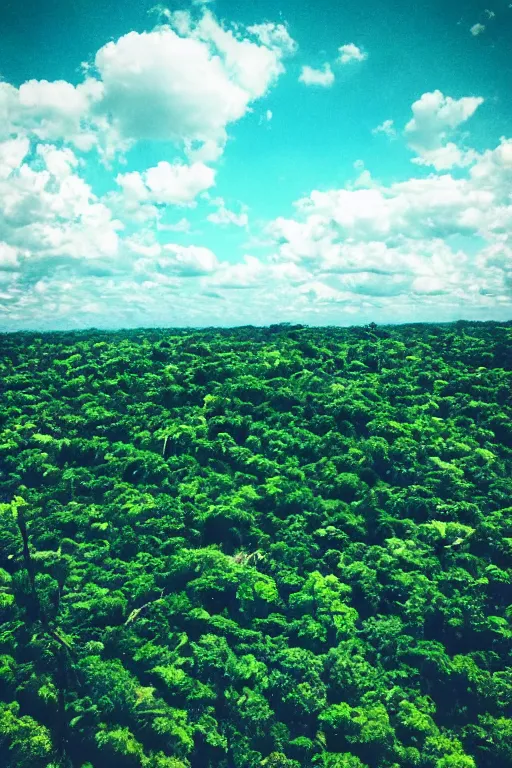 Image similar to dead city, blue sky, green scull look down, nature,