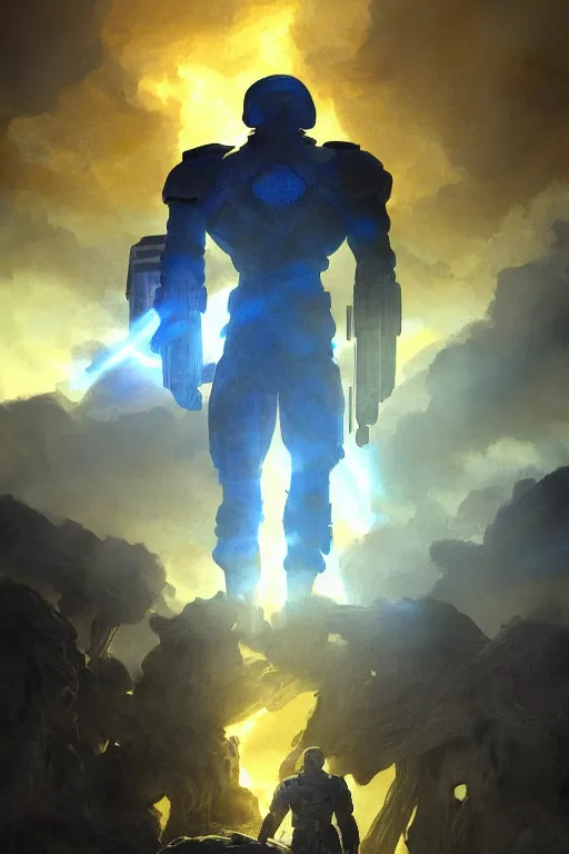 Image similar to a distant shot of a super soldier with blue and yellow flag and standing alone on a huge pile of human skulls as a winner, masculine figure, D&D, fantasy, bright hopeful atmosphere, volumetric lights, beam of bright light through the clouds, intricate, elegant, highly detailed, extremely detailed, digital painting, artstation, concept art, matte, smooth, sharp focus, hyper realistic, illustration, art by Artgerm and Greg Rutkowski and Alphonse Mucha